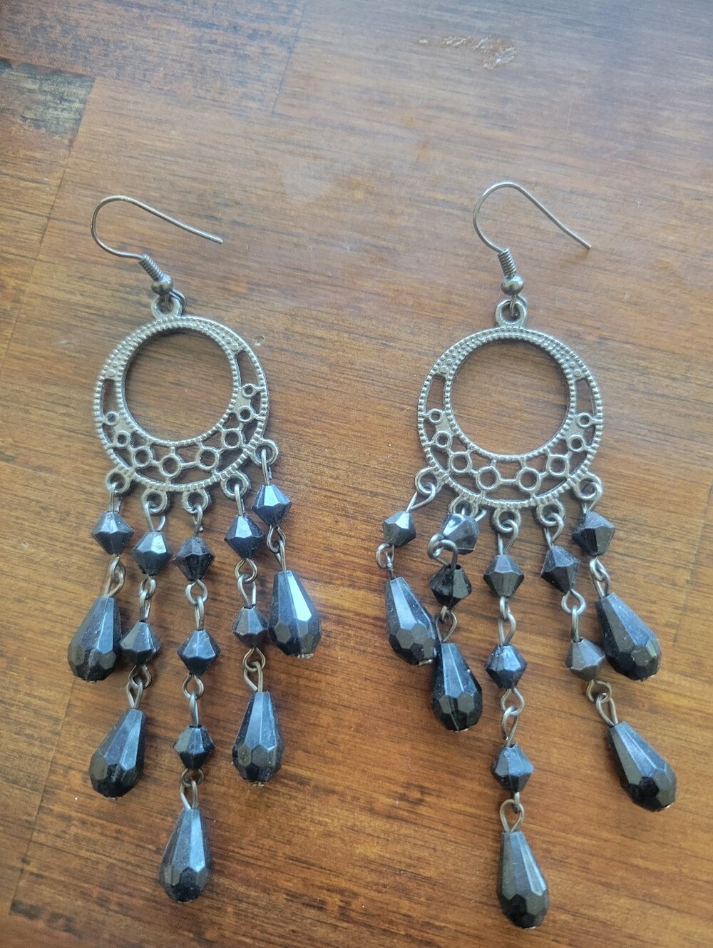 Boho Silver Filigree Chandelier Earrings with Black Faceted Beads